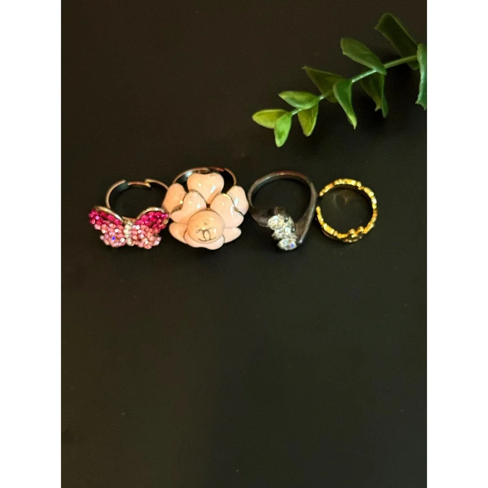 Fashion Ring Set 4pc Pink Camellia Butterfly Gold Character Crystal Bypass Rings